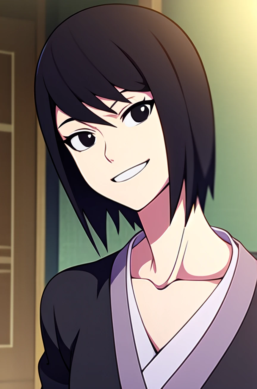 Shizune, short hair, black hair, black eyes, black kimono, white trim, light purple obi, smile, collarbone, mesh shirt