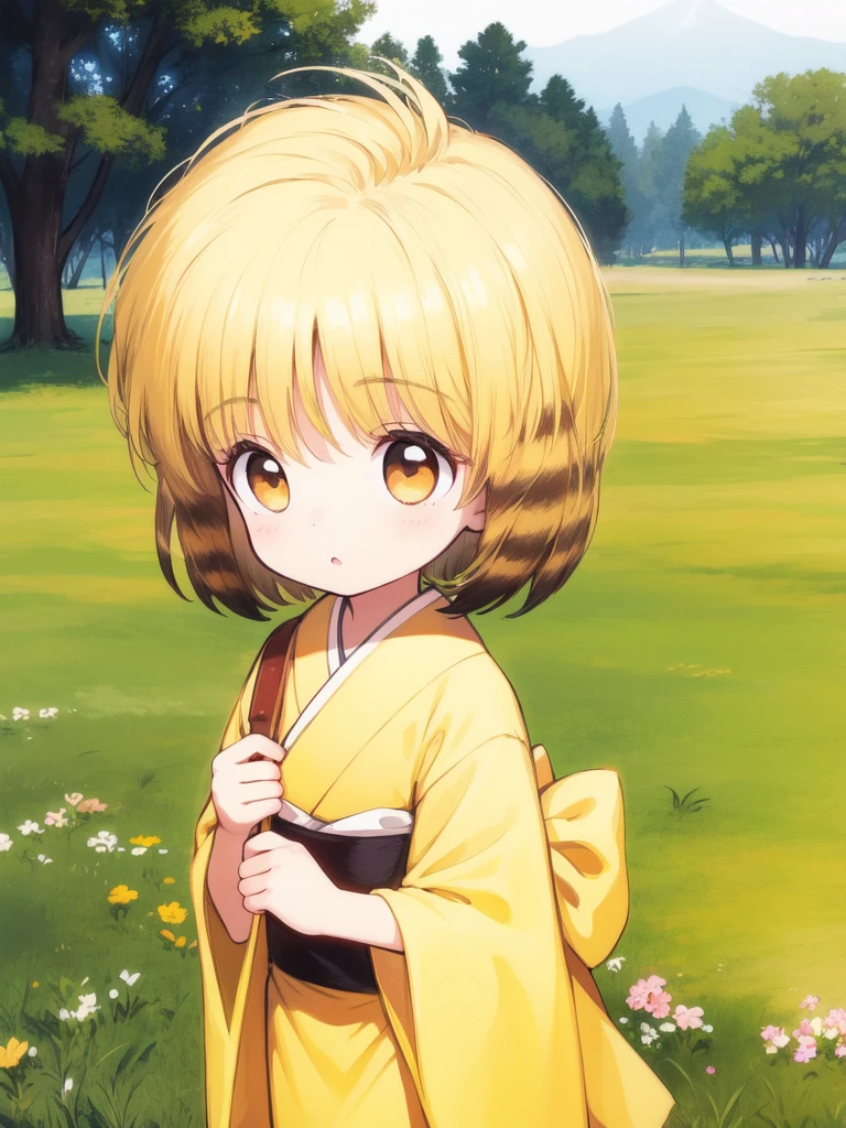 <lora:nyannyan:0.8> nyannyan, 1girl, multicolored hair, brown eyes, gold hair, short hair. toddler, a very young child, cowboy Shot, Yellow _kimono,
Japan_landscape,
masterpiece, high quality, very_high_resolution, large_filesize, full color,