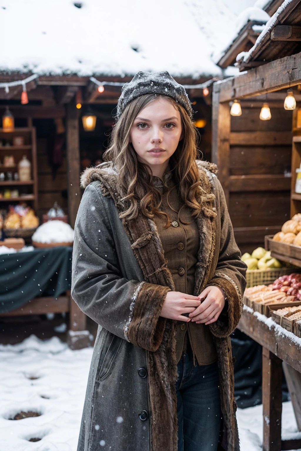 hannahmurray,a woman wearing medieval fur coat in the snow, street market, (golden hour:0.5) <lora:hannahmurray:0.8>