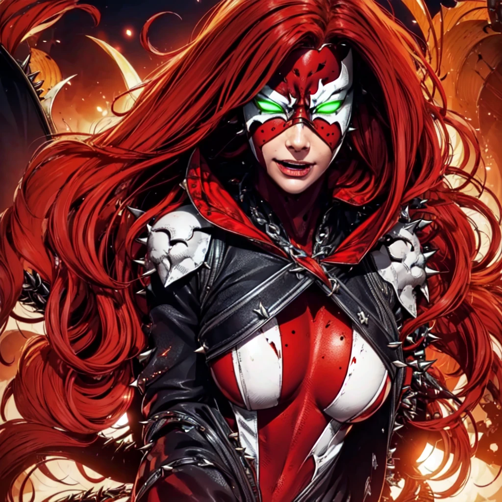 a woman standing in hell, smiling, portrait <lora:SheSpawnLoRA:1> (SheSpawn with red hair in a red and white mask and costume and green glowing eyes and a black leather jacket with spikes and white armor on the shoulder and chais around her waist and legs holding guns), beautiful eyes, beautiful girl, high detail skin, high detail eyes, high detail hair, highres, ultra detailed, detailed pores, imperfect skin, detailed reflective shiny skin, diffused skin pores,sharpen picture, Highly detailed, masterpiece, best quality