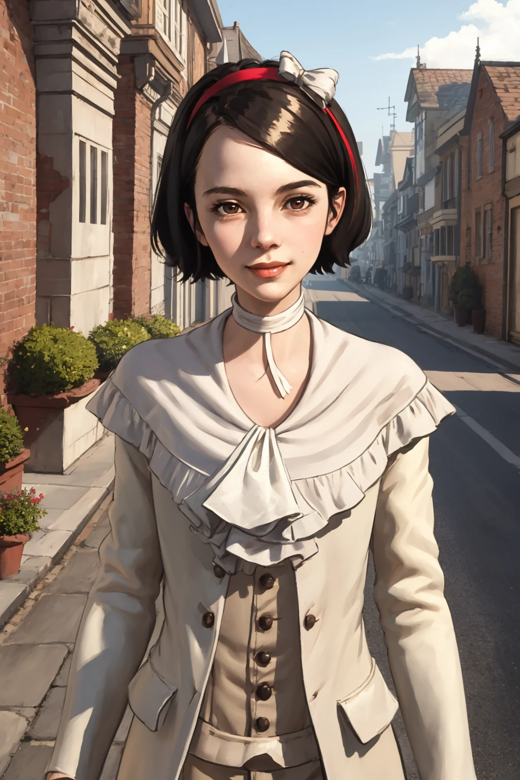 masterpiece, best quality, 1girl, ekaldwin, black hair, short hair, brown eyes, hairband, choker, upper body, looking at viewer, smile, solo, victorian, steampunk, steampunk street background <lora:EmilyKaldwinY:1>