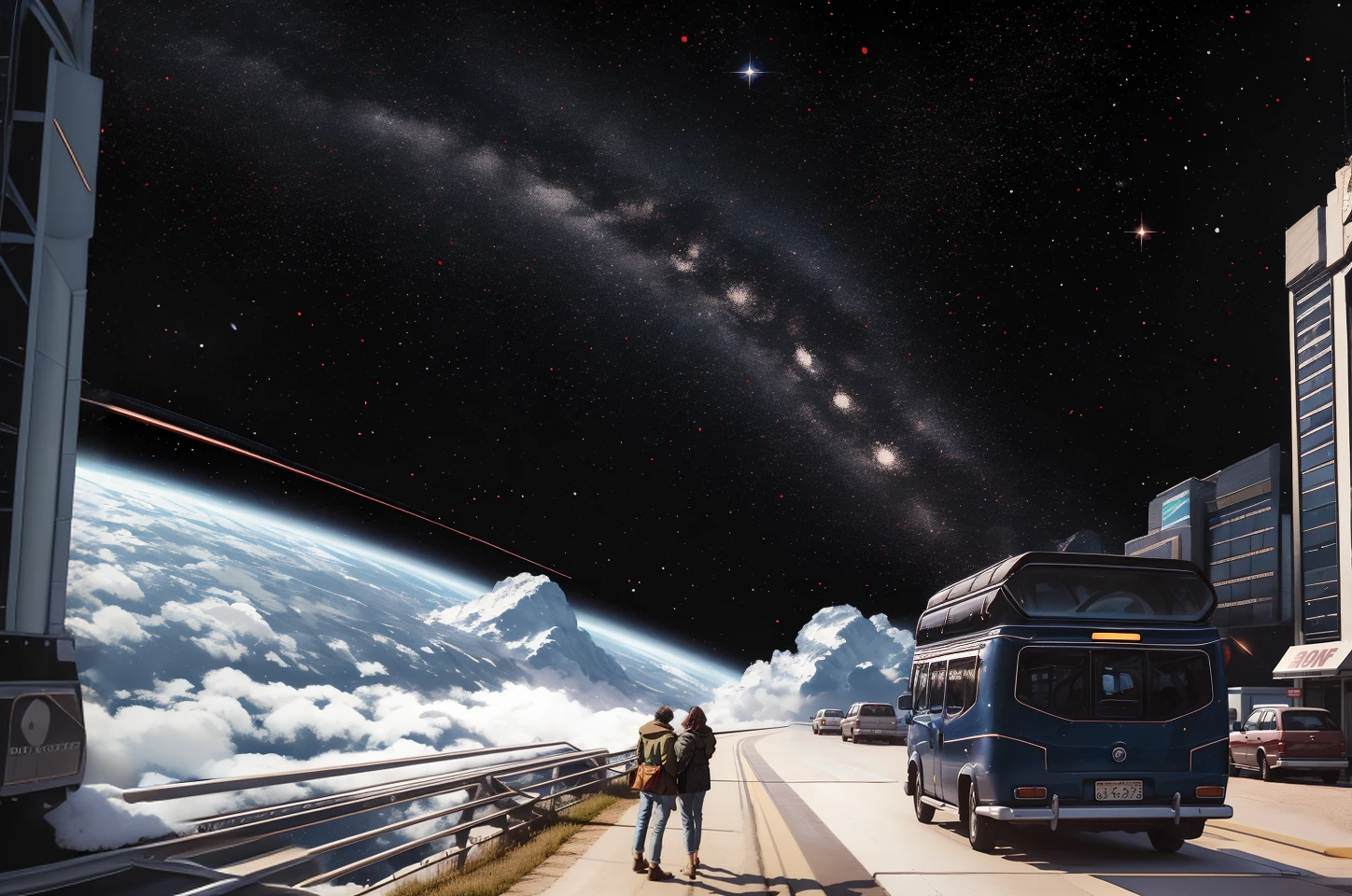 (high quality, artistic, masterpiece), eotw_lora, night, ground vehicle, car, wide shot, space, planet below, starry sky, <lora:Edge_World-08:1>