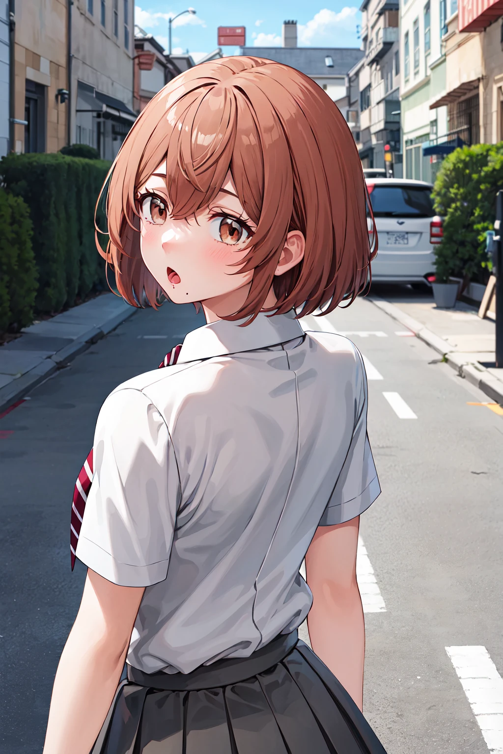 masterpiece, best quality, highres, 1girl, solo, short hair, brown hair, brown eyes, mole, striped necktie, collared shirt, white shirt, short sleeves, pleated skirt, grey skirt, <lora:tachibana_hinata_v1:0.7>, from behind, looking back, :o, street, upper body,