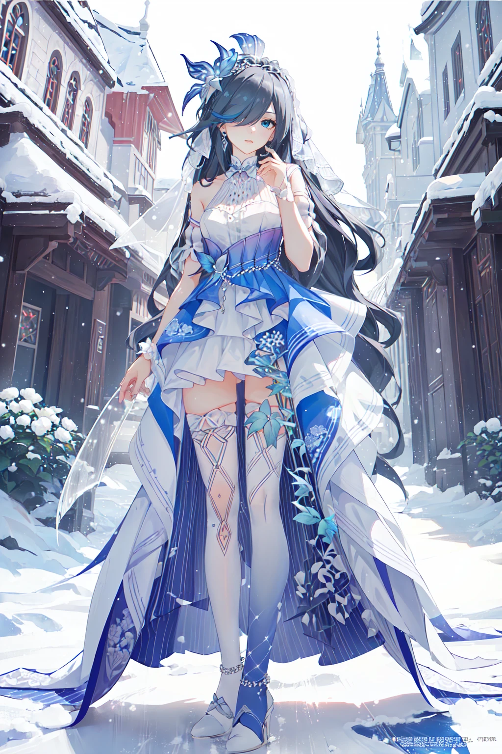 (masterpiece, top quality, best quality, official art, beautiful and aesthetic:1.2),extreme detailed,(fractal art:1.3), 1girl, solo,  <lora:FH_CC_v2.7:0.95> , Fu Hua(CC), wedding dress, hair ornament, hair over one eye, white heels, asymmetric thighhighs, outdoors, garden, white flower, snowing, winter, tree, long hair, hands behind  back, lean forward,