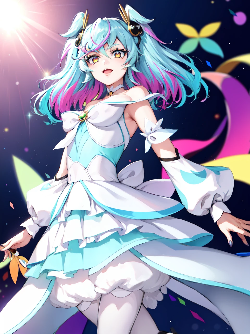 masterpiece, best quality, looking at viewer, depth of field, standing,
1girl, <lora:locon_cure_supreme_01:0.9>, cure supreme, multicolored hair, arm warmers, white dress, culottes, white legwear, eyelashes, hair ornament, white choker, brooch, high heels, two side up, gem, animal ears, detached sleeves, nail polish,
smile, ((gradient background)), lens flare,