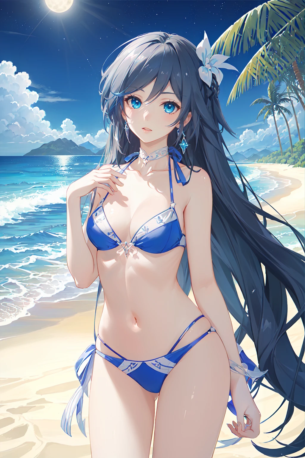 (masterpiece, top quality, best quality, official art, beautiful and aesthetic:1.2),extreme detailed,(fractal art:1.3), 1girl, solo,  <lora:FH_CC_v2.7:0.8> , Fu Hua(CC), bikini, beach, sea, palm tree, night, star \(sky\), log cabin, moonlight,