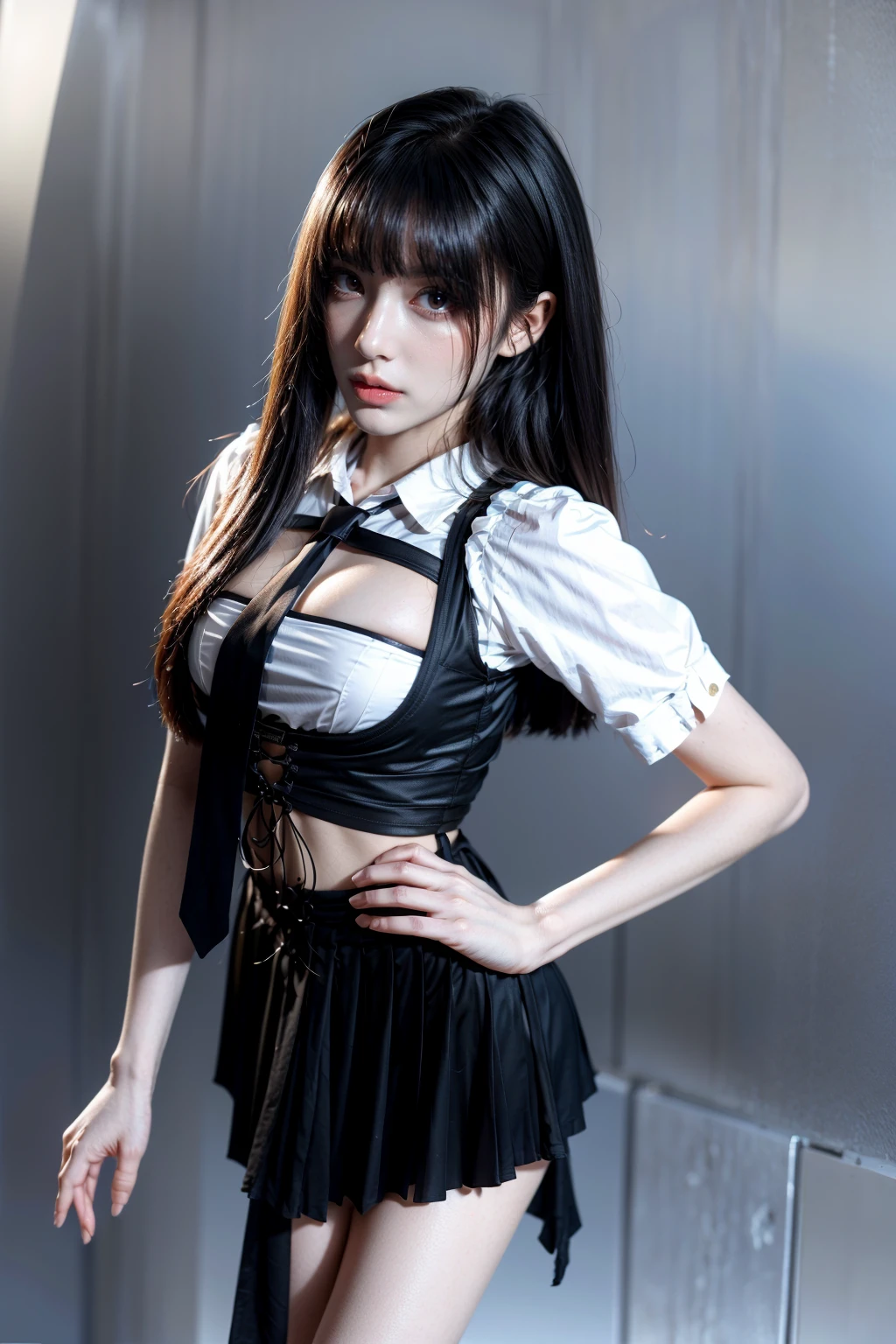 realistic,(best quality:1.3, high quality:1.3),8K Ultra HD,(ultra detailed, hyper detailed),surdres:1.2,masterpiece,(makeup:0.7, sexy, best body),1girl,solo,small head,highres,full body,long hair,<lora:add_detail:1>,exposed waist,black necktie,black skirt,<lora:combat uniform_20231220215731-000008:1>,