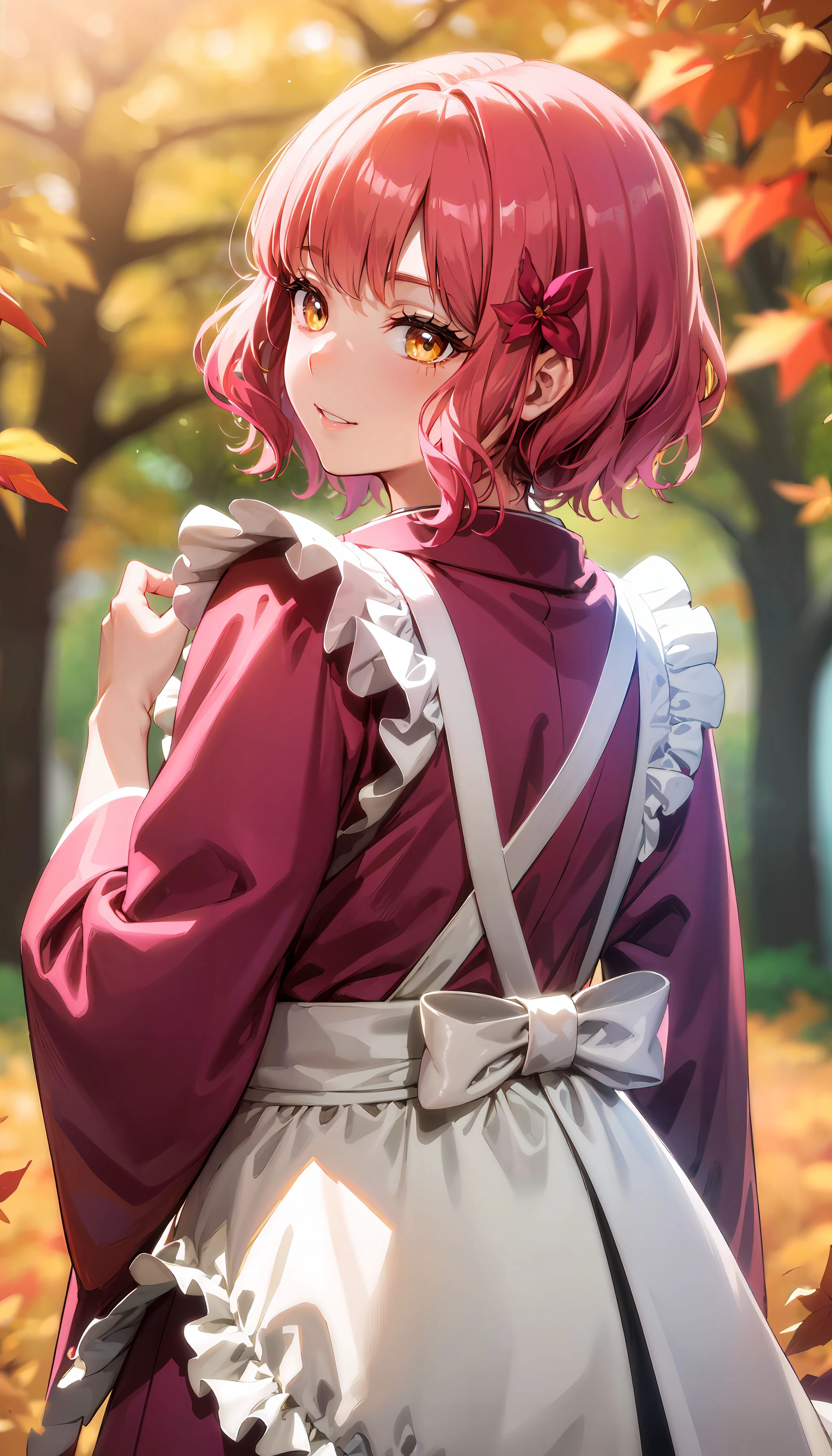 photorealistic, (4k), depth of field, (Masterpiece), (realistic skin texture), extremely detailed, intricate, hyper detailed, professional photography, bokeh, high resolution, sharp detail, best quality, girl, short hair, pink hair, yellow eyes, ribbons in hair, pink kimono, apron, <lora:Akina-000003:0.7> , arching her back , outdoors, forest, park, autumn leaves, autumn,