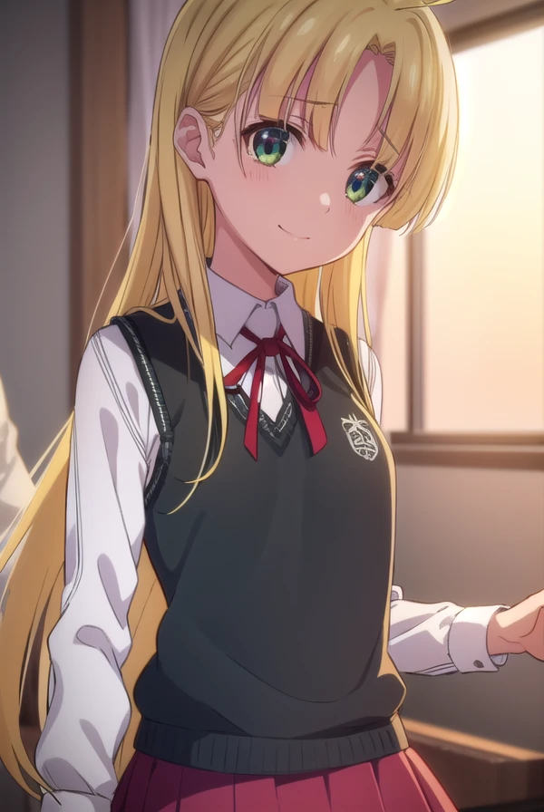 asiaargento, <lora:asia argento anime s1-lora-nochekaiser:1>,
asia argento, long hair, blonde hair, (green eyes:1.3), (parted bangs:1.5), ahoge, smile, (small breasts:1.2),
BREAK skirt, shirt, long sleeves, ribbon, school uniform, pleated skirt, vest, red skirt, sweater vest,
BREAK indoors, classroom,
BREAK looking at viewer, (cowboy shot:1.5),
BREAK <lyco:GoodHands-beta2:1>, (masterpiece:1.2), best quality, high resolution, unity 8k wallpaper, (illustration:0.8), (beautiful detailed eyes:1.6), extremely detailed face, perfect lighting, extremely detailed CG, (perfect hands, perfect anatomy),