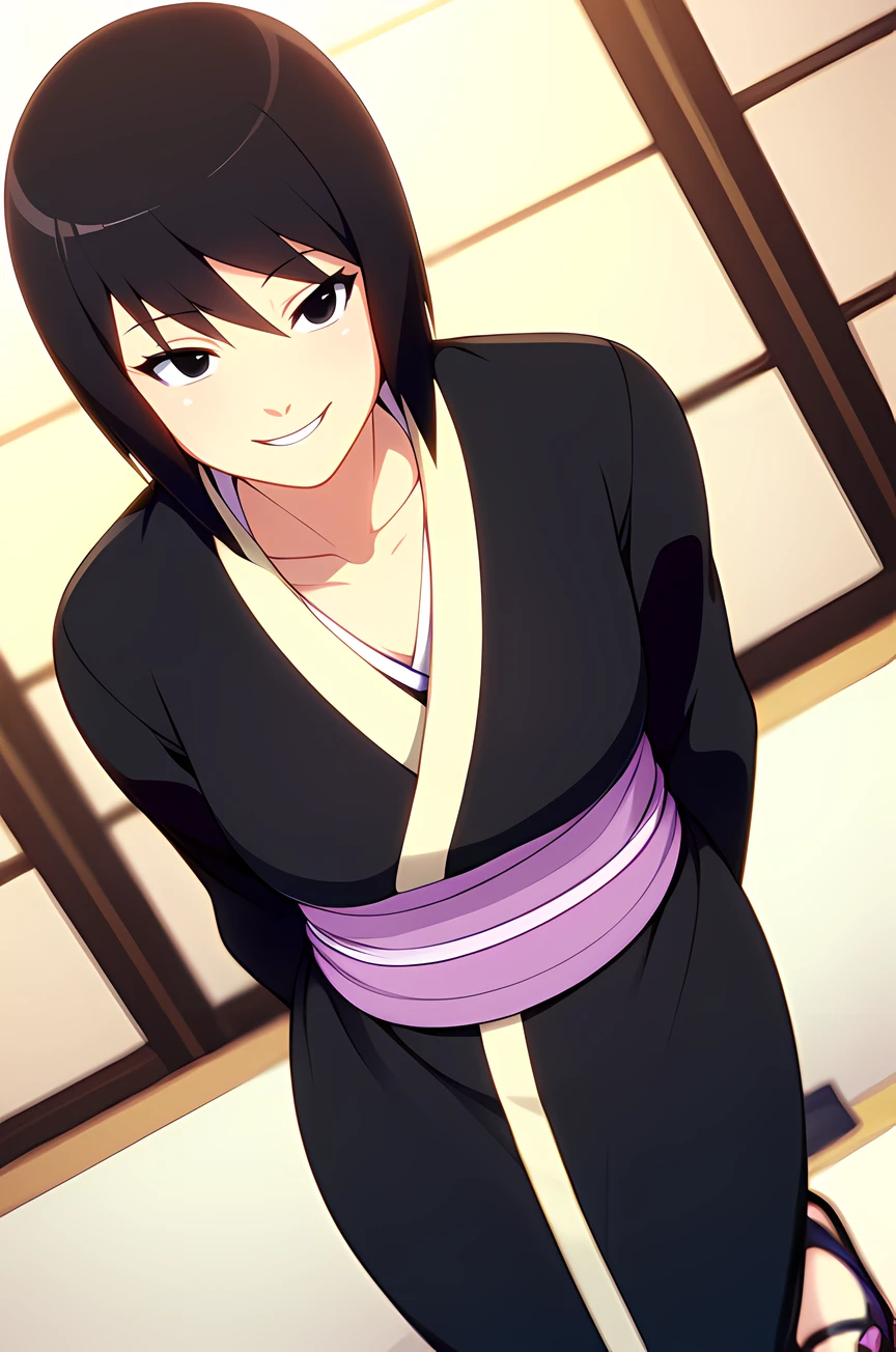 Shizune, short hair, black hair, black eyes, black kimono, white trim, light purple obi, black sandals, smile, collarbone