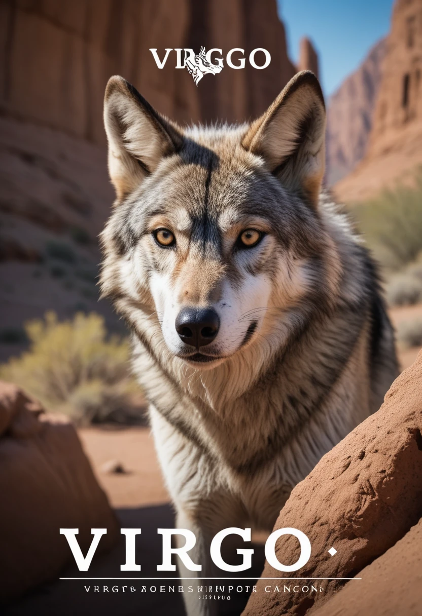 (movie poster with title and text graphics:1.3) (under the title banner text logo "V\I\R\G\O":1.5), Photography of a a desert canyon with a wolf in it,highly detailed,instagram flickr,sharp focus,canon 5d f16.0 style,natural lighting,ultra-realistic,