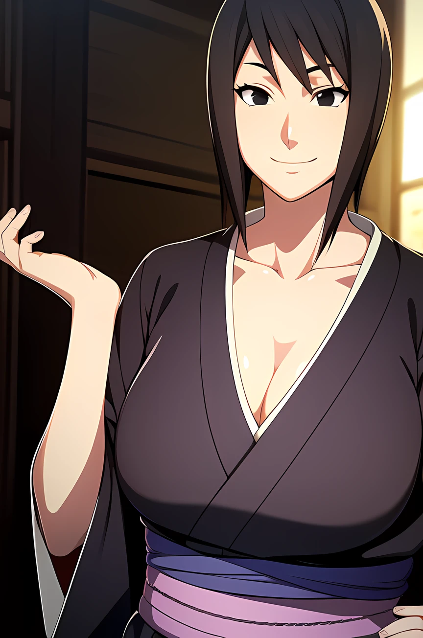 Shizune, short hair, black hair, black eyes, black kimono, white trim, light purple obi, smile, collarbone, mesh shirt, cleavage, nice hands, perfect hands