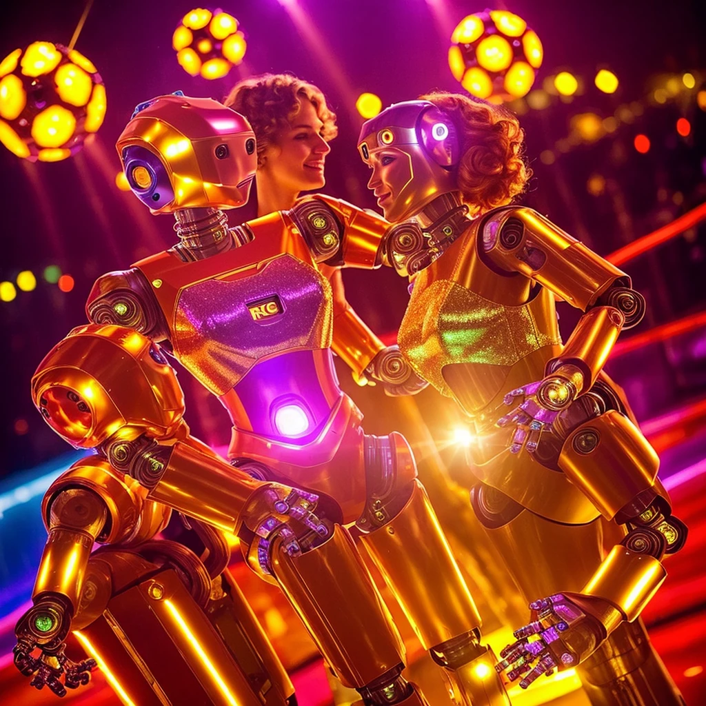 Disco-themed ( robotic:1.5) Golden Hour Romance Create a romantic scene with the robotic beauty in the river during the golden hour. Use soft, warm lighting, golden reflections, and a low camera angle to highlight the enchanting features. . Vibrant, groovy, retro 70s style, shiny disco balls, neon lights, dance floor, highly detailed