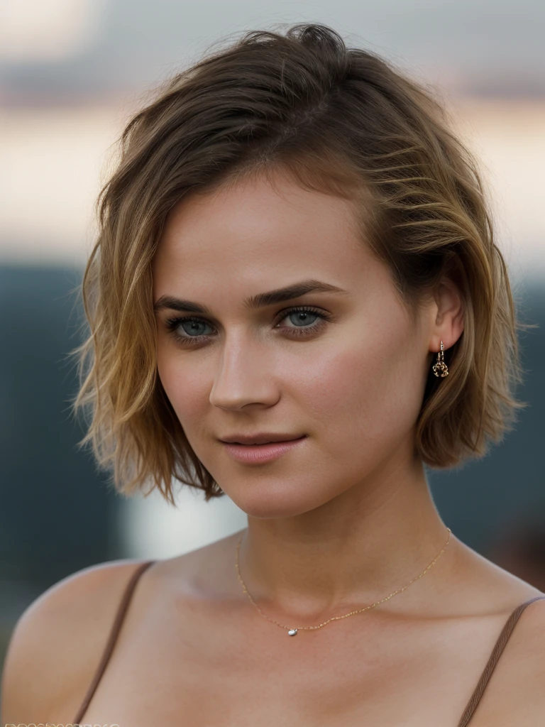 Realistic photo of a beautiful d14n3k woman,1girl,solo,looking at viewer,short hair,blue eyes,blonde hair,brown hair,hair ornament,jewelry,upper body,lips,realistic,soft lighting, professional Photography, Photorealistic, detailed, RAW, analog, sharp focus, 8k, HD, high quality, masterpiece<lora:d14n3k:1.0>