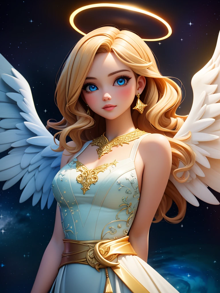 (masterpiece)+, (best quality)+, highres, high quality digital art of (waist up)+ beautiful angel girl, glowing halo over head, symmetrical white wings, (perfect face, perfect hair)+, wavy blonde hair, wind blown hair, piercing blue eyes, seductive, intricate white and gold dress, 19yo, sexual, slim, detailed colorful cosmic+ background, high contrast, soft lighting, backlighting, bloom, light sparkles, chromatic aberration, smooth, sharp focus, (detailed)+, 4k, 8k uhd, (perfect anatomy)+, sharp, (intricate detail)+, (detailed background)+