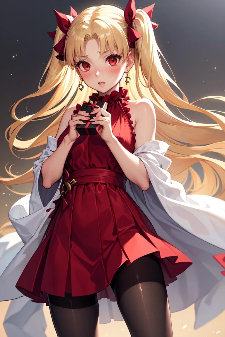 masterpiece, best quality, absurdres, EreshkigalBitterSweet, two side up, white hair ribbon, red dress, sleeveless dress, cross necklace, black pantyhose, shawl, holding gift, blush, <lora:EreshkigalV2:1>