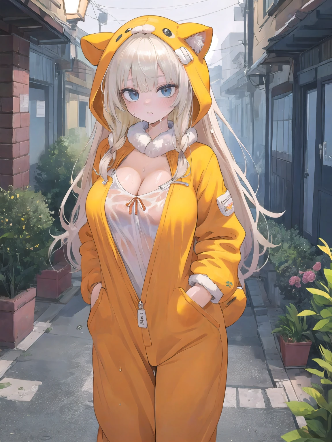 masterpiece, best quality, highres,24 year old woman,(((fluffy onesie))), cleavage, the woman is standing in a dark alley,rain, hands behind back,(wet), (wet clothes),night time, city lights, blonde long hair