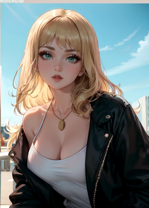 Hilla99, solo, jewelry, necklace, realistic, long hair, red lips, looking at viewer, black background, makeup, upper body, simple background, lipstick, closed mouth, black jacket, green eyes, lips, formal, jacket, ((blonde hair)), <lora:Hilla99:1>