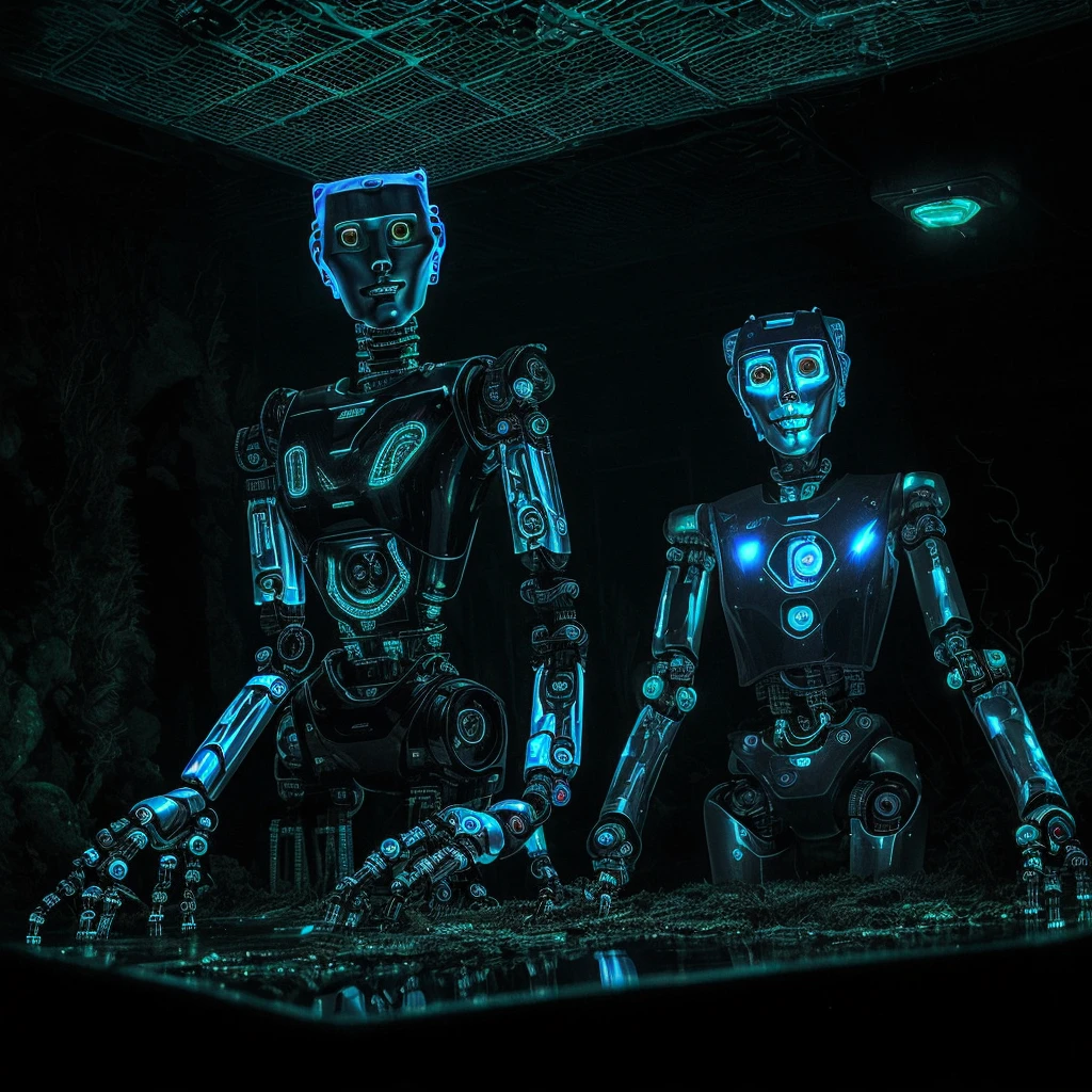 Horror-themed single of (female robotic:1.5) beauty with bioluminescent lights integrated into her structure, casting an otherworldly glow in the river. Experiment with neon colors and underwater reflections.
. Eerie, unsettling, dark, spooky, suspenseful, grim, highly detailed