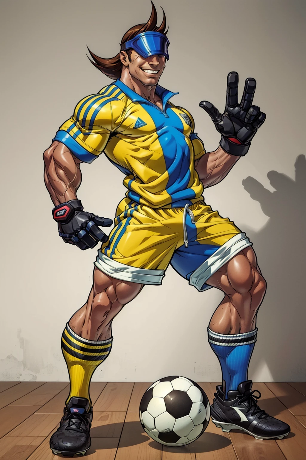 (masterpiece,  best quality:1.2),  solo,  RobertoMiura, 1guy,  visor,  soccer jersey,  gloves,  shorts, cleats,  smirk , medium shot,  at the dojo,  smirk:1.4,  masterpiece,  perfect face,  perfect picture,  detailed eyes,  sharp focus, High detailed view, High detailed,<lora:EMS-222775-EMS:1.000000>