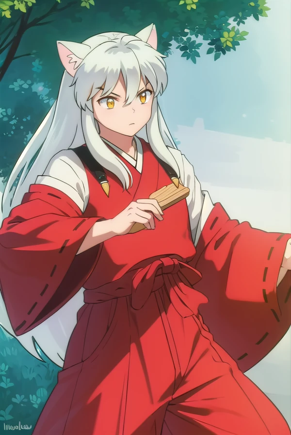 inuyashamc, <lora:inuyasha anime s4-lora-nochekaiser:1>,
inuyasha, long hair, animal ears, white hair, male focus,dog ears, (yellow eyes:1.5),
BREAK japanese clothes, hakama, red hakama,
BREAK outdoors,
BREAK looking at viewer, (cowboy shot:1.5),
BREAK <lyco:GoodHands-beta2:1>, (masterpiece:1.2), best quality, high resolution, unity 8k wallpaper, (illustration:0.8), (beautiful detailed eyes:1.6), extremely detailed face, perfect lighting, extremely detailed CG, (perfect hands, perfect anatomy),