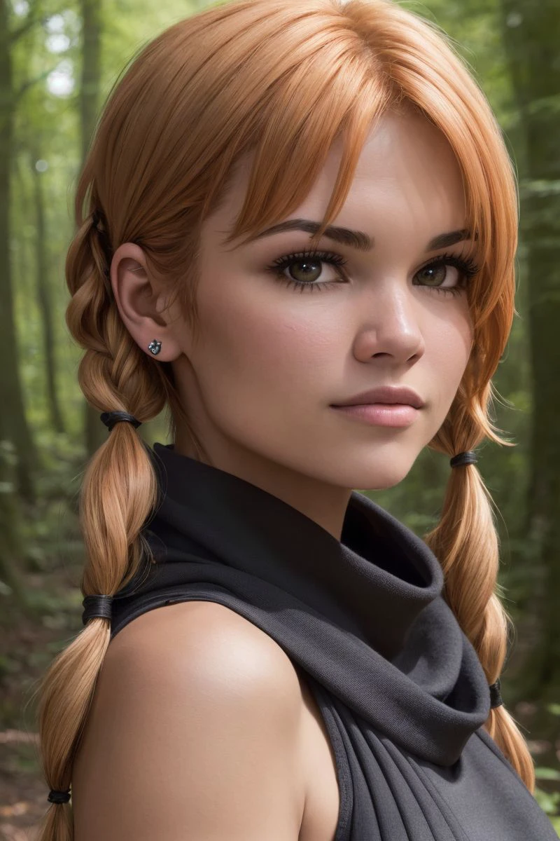 closeup headshot of S265_ViollaA,a beautiful woman,in a (forest:1.1),wearing a (cowlneck:1.1),(pigtails),(4k, RAW photo, best quality, depth of field, ultra high res:1.1),(absurdres, intricate, photorealistic, masterpiece, ultra-detailed:1.2),