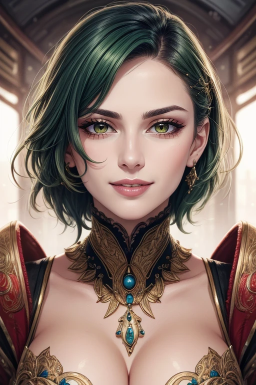 beautiful detailed portrait, a beautiful mature feisty woman, short messy green hair, high-tech, beautiful expressive red eyes, delicate round face, sharp chin, delicate nose, lush lips, confident grin, beautiful top, sci-fi, best quality, extemely detailed <lora:detail_slider_v4:1.3>