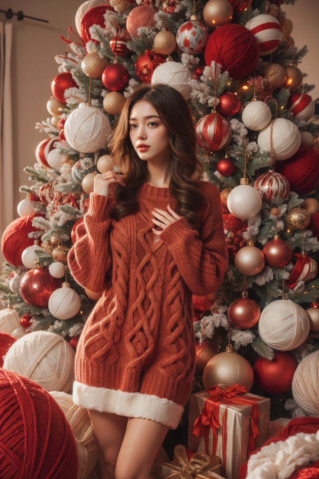 <lora:èèçº±çº¿ç:0.6>,1girl in red sweater,giant yarn ball,created infinite,extremely detailed,beautiful,dramatic,intricate,elegant,cinematic,light,dynamic composition,surreal,christmas,christmas tree,