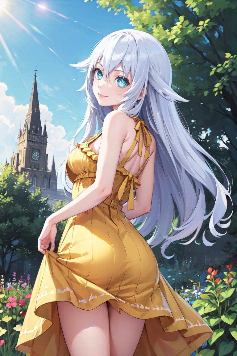 masterpiece, best quality, absurdres, BlackHeart, symbol-shaped pupils, from behind, (yellow sundress), garden, day, sunshine, smile, looking back, <lora:BlackHeart:1>