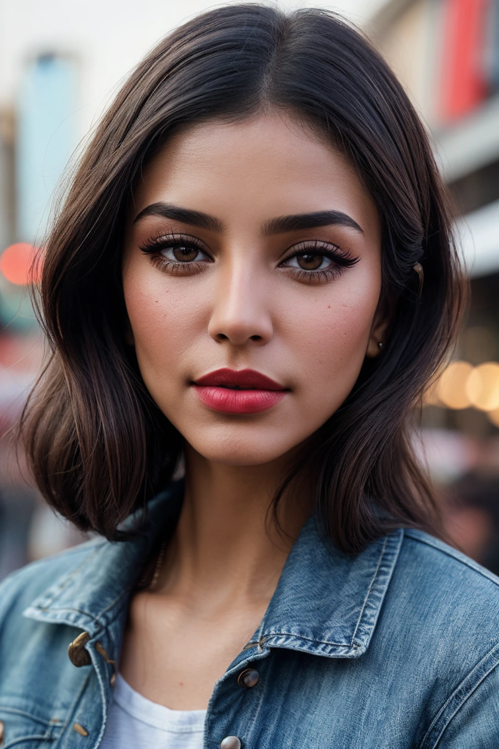 photo of (EPM33tS1ngh:0.99), closeup portrait, perfect hair, (modern photo, Denim jacket), 24mm, (analog, cinematic, film grain:1.3), ((A bustling, modern city square during a vibrant, lively jazz festival, gradient:1.1)), ((detailed eyes)), ((eyeliner, long lashes)), (epicPhoto), long eyelashes, (perfect waist), (painted lips)