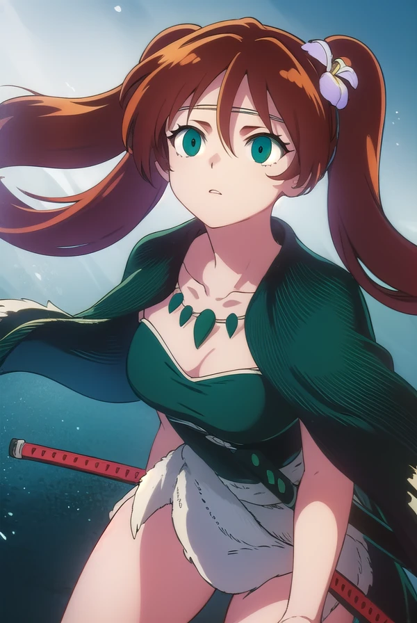 inuyashaayame, <lora:inuyasha ayame anime s4-lora-nochekaiser:1>,
ayame, long hair, brown hair, hair ornament, twintails, (green eyes:1.3), flower, red hair, sword, hair flower,
BREAK jewelry, necklace, cape, collarbone,
BREAK outdoors,
BREAK looking at viewer, (cowboy shot:1.5),
BREAK <lyco:GoodHands-beta2:1>, (masterpiece:1.2), best quality, high resolution, unity 8k wallpaper, (illustration:0.8), (beautiful detailed eyes:1.6), extremely detailed face, perfect lighting, extremely detailed CG, (perfect hands, perfect anatomy),