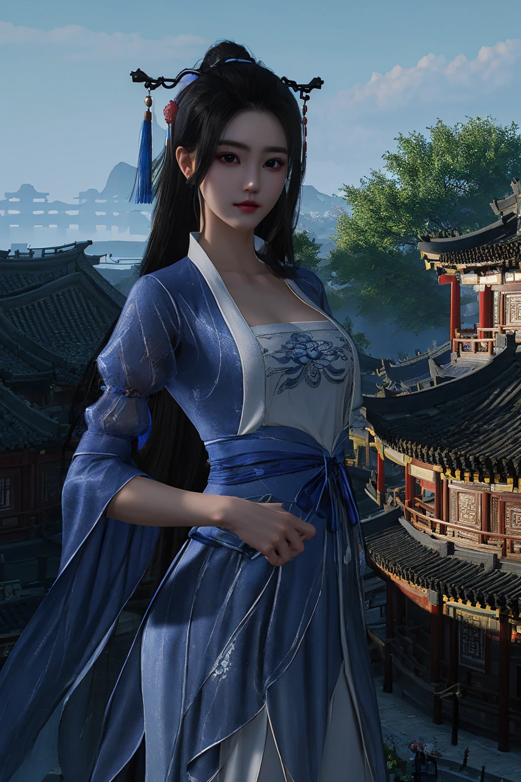 masterpiece,best quality,extremely detailed 8K wallpaper,1girl,long hair,black hair,chinese clothes,large breasts,hair ornament,