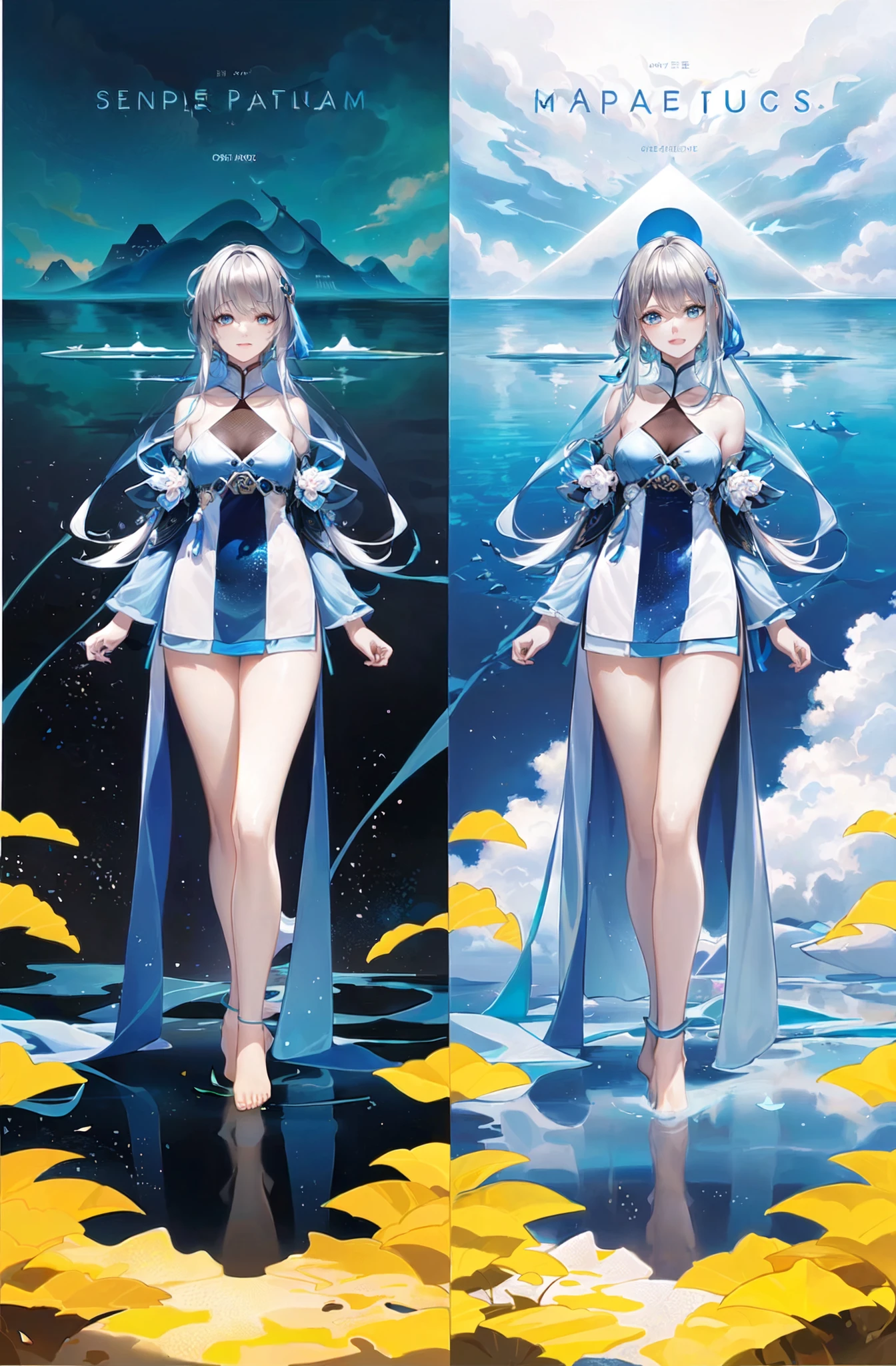 High resolution, masterpiece, accurate, Winner of numerous awards, Highest quality, High-resolution model, Very detailed, 
Very long hair, Silver Hair, Shiny Hair, Gradient color hairstyle, bangs, 
chest, slender、White skin、Crystal Earrings, 
smile, blue eyes, Bright Eyes, Light blush, 
Character portrait, 
Butterfly Hair Accessory Swimsuit、Bikini Illustration, Anime Style, 