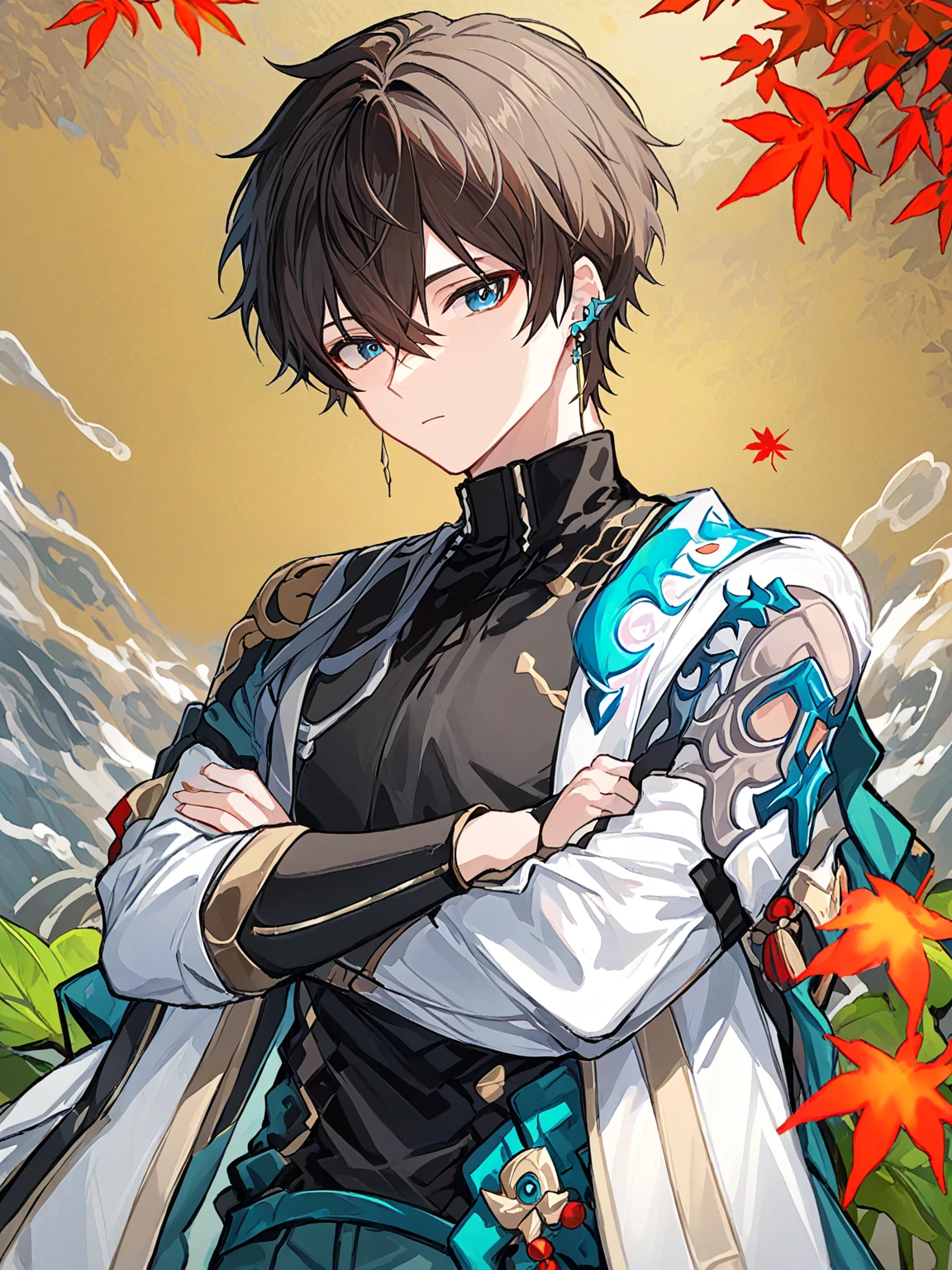 <lora:dan_heng:1>,1boy, male_focus, solo, crossed_arms, looking_at_viewer, black_shirt, closed_mouth, shirt, short_hair, bangs, chinese_clothes, long_sleeves, jewelry, white_coat, blue_eyes, coat, jacket, white_jacket, brown_hair, leaf, necklace, hair_between_eyes, earrings, pants, holding