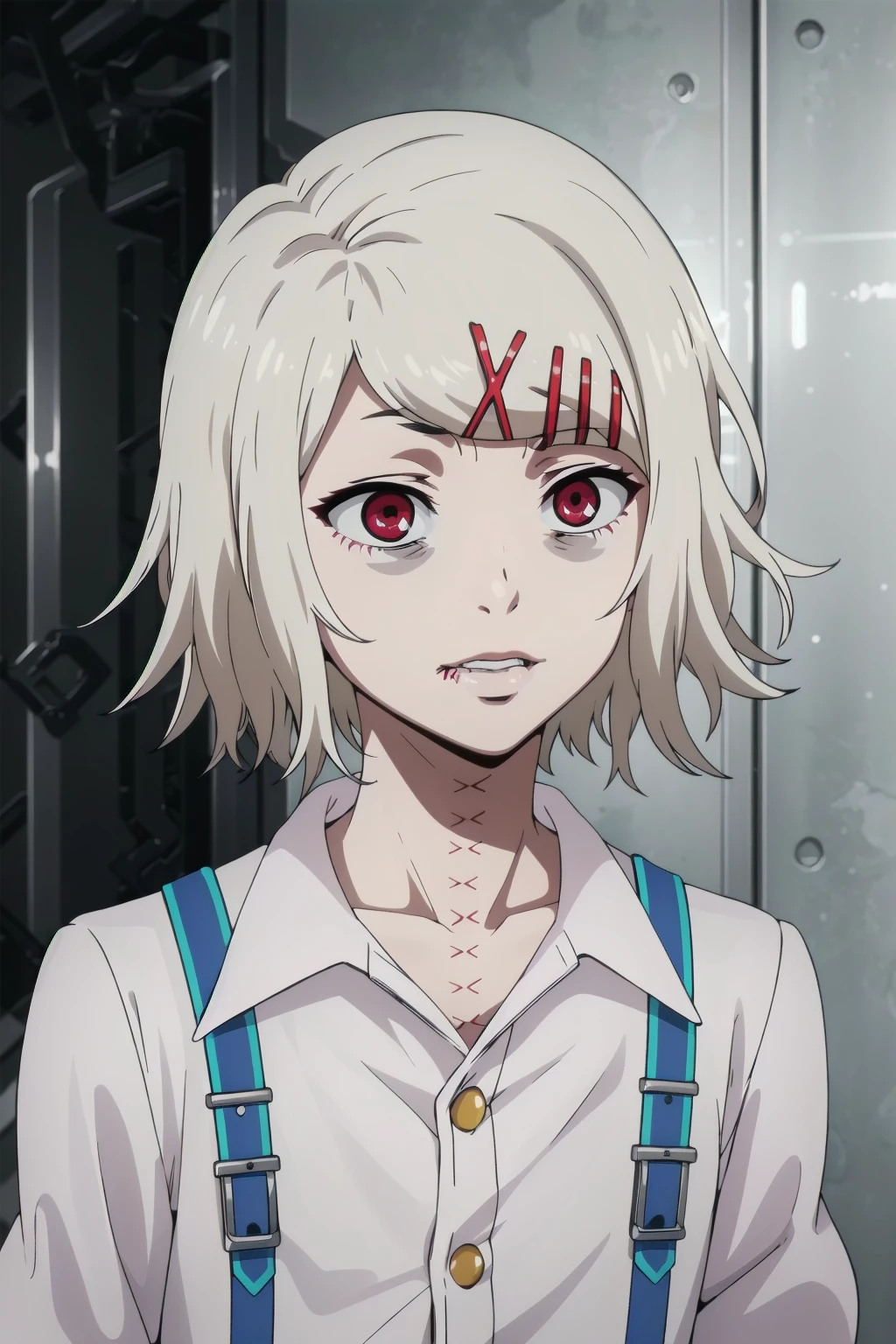 (masterpiece, best quality, high quality, highres, ultra-detailed), 
juuzou-suzuya, 1boy, androgynous, solo, short hair, hair ornament, white hair, male focus, hairclip, x hair ornament, pale skin, stitches, stitched face, upper body, 
<lora:Juuzou_Suzuya-15:1>