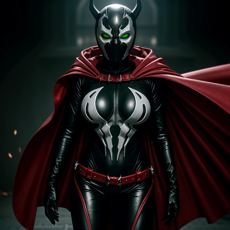<lora:Spawn SD1.5:1.2>
Spawn a woman in a living symbiotic costume with a red cape and a black and white mask and green glowing eyes
