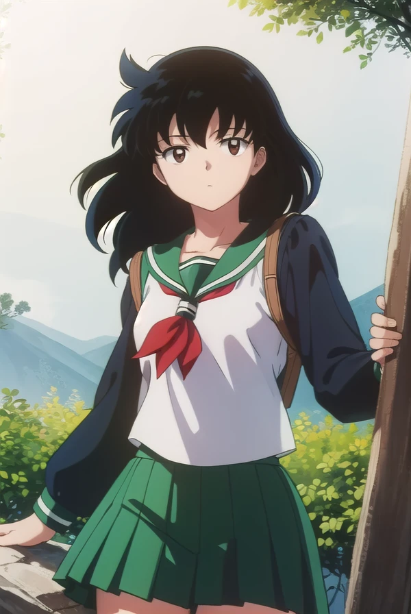 kagomehigurashi, <lora:kagome higurashi anime s4-lora-nochekaiser:1>,
kagome higurashi, long hair, (black hair:1.5), retro artstyle, (brown eyes:1.5),
BREAK skirt, shirt, long sleeves, school uniform, white shirt, pleated skirt, serafuku, sailor collar, neckerchief, green skirt, red neckerchief,
BREAK outdoors,
BREAK looking at viewer, (cowboy shot:1.5),
BREAK <lyco:GoodHands-beta2:1>, (masterpiece:1.2), best quality, high resolution, unity 8k wallpaper, (illustration:0.8), (beautiful detailed eyes:1.6), extremely detailed face, perfect lighting, extremely detailed CG, (perfect hands, perfect anatomy),