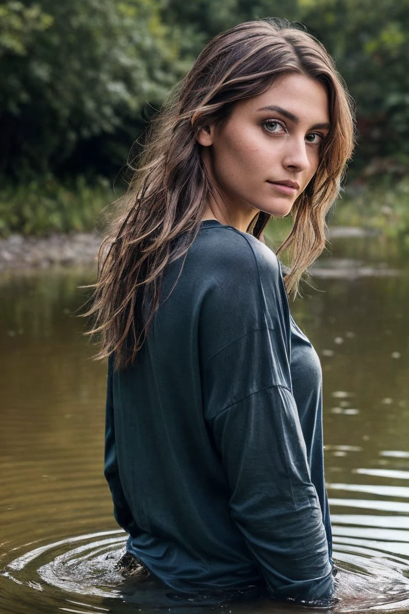 portrait of S266_ParisJackson,a beautiful woman,in a (pond:1.1),wearing a (long-sleeved t-shirt:1.1),(wet-hair),(4k, RAW photo, best quality, depth of field, ultra high res:1.1),(absurdres, intricate, photorealistic, masterpiece, ultra-detailed:1.2),