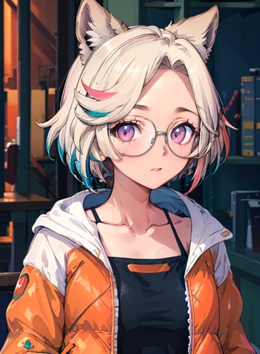 best quality, (masterpiece),(ultra-detailed), (high quality), (high resolution), <lora:funabyvt:0.7>, funabyvt, animal ears, short hair, glasses, multicolored hair, purple eyes, collarbone, orange jacket,