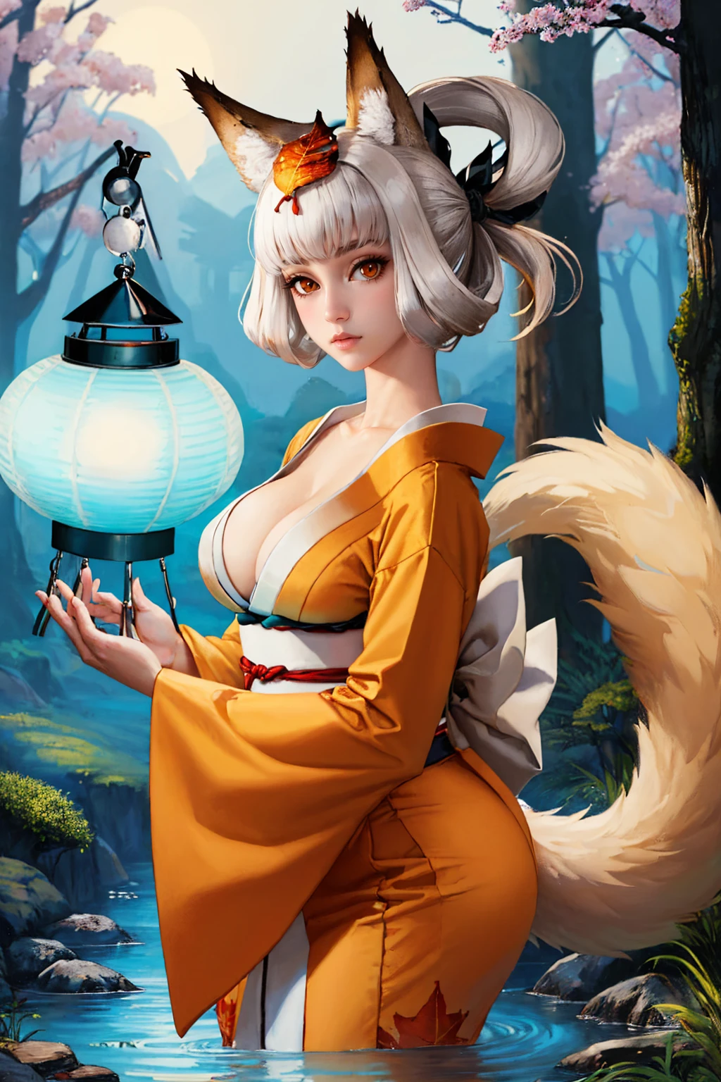 (masterpiece, best quality:1.2), solo, 1girl, kongiku, expressionless, looking at viewer, holding lantern, paper lantern, leaf on head, japanese clothes, kimono, cleavage, fox tail, forest <lora:muramasa_kongiku-11:1>