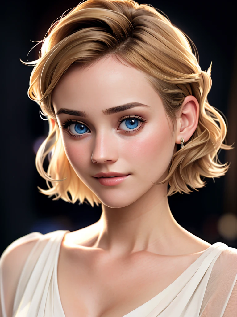 score_9, score_8_up, score_7_up, 1girl, portrait,apartment, night, bokeh, depth of field, platinum blonde hair, ponytail, bangs, cute, petite,freckles, blonde hair ,
pixie cut hair  ,
wearing Bell-sleeve blouse with lace insets and a keyhole back , Ball Gown Skirt , toeless pantyhose and slingback heels  ,
breasts,,ultrarealistic