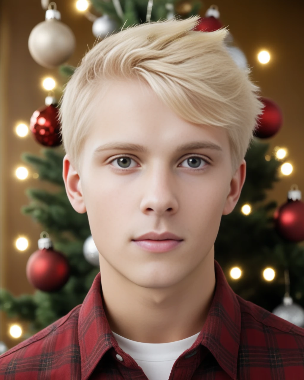 front view shot, portrait,
man,
blonde hair, short hair, (blonde eyebrows:1.5),
christmas tree. 
<lora:detailedeyebrows_v0_2:0.8>