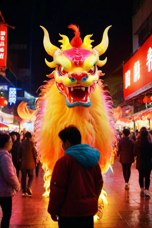 A vivid and ((multicolored Qilin), midnight, in a chinese red lantern festival street with people walking around), magnificent horns, vibrant feathers, majestic and legendary, captures attention with its vibrant hues, colorful high contrast, from china, festival of rich colors, hong kong, epic colors, formidable, rain, eyes lit, standing in the dark, anamorphic lens flares 4k, best of behance, holy flame crown spell, creative commons attribution, wallpaperflare, steven jung, trending on mentalray, hyper realstic, featured on pexels, big horn, highly beautiful, casting a magic spell, color overlay, ð, pr0f3ss10n4l, <lora:QilinSDXL:1.3> <lora:sdxl_LCM_lora_rank1:1.15>