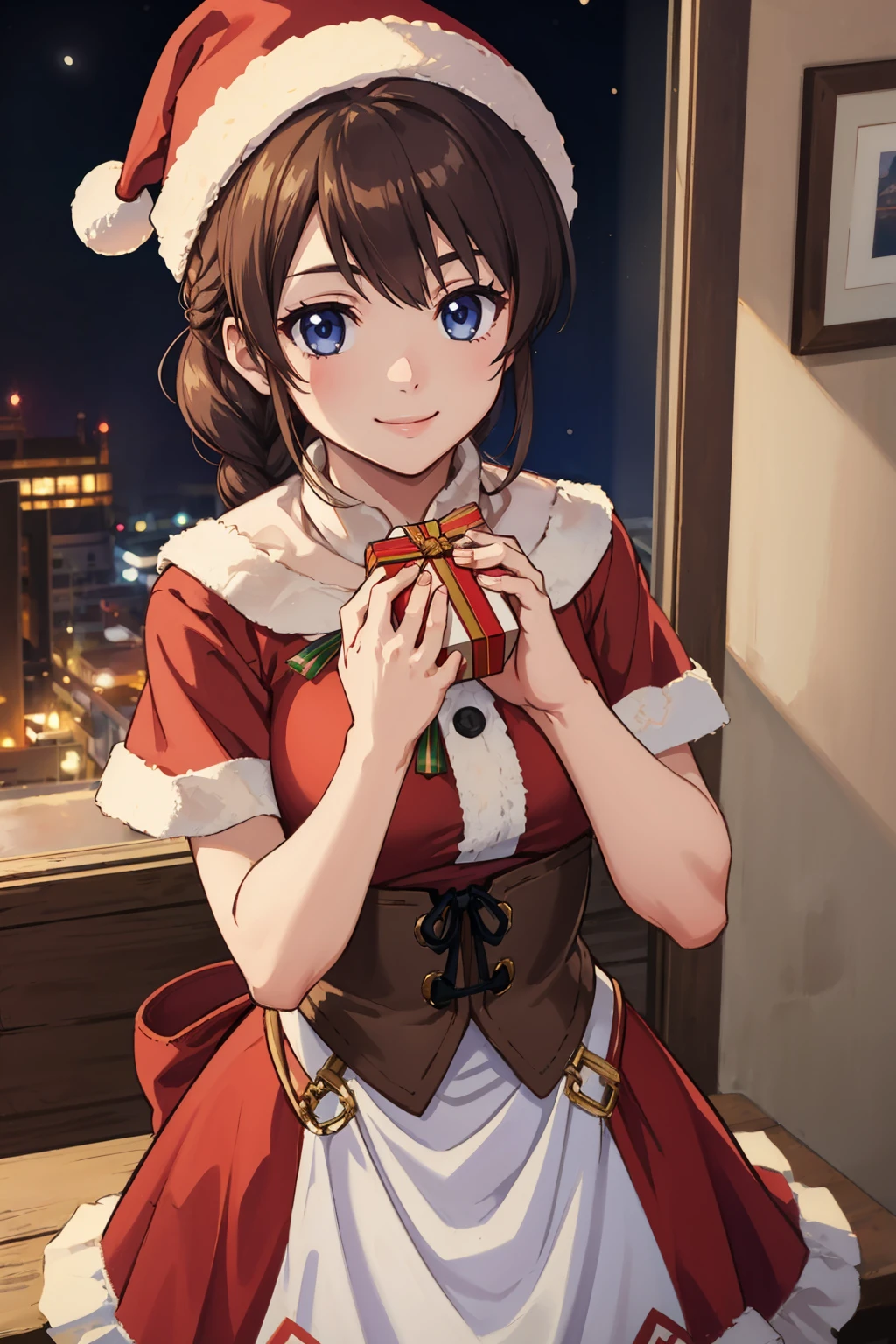 masterpiece, best quality, <lora:yunica-nvwls-v1-000009:0.9> yunica, braided ponytail, santa hat, red dress, fur trim, smile, cowboy shot, holding gift box, pov, hands