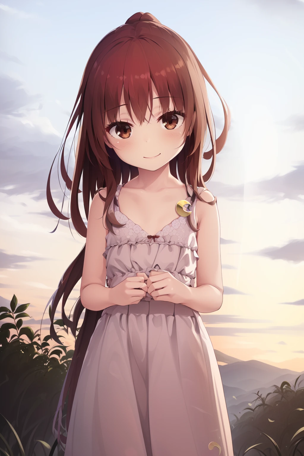 (masterpiece), (best quality), (ultra-detailed), photorealistic, (best illustration), ((an extremely delicate and beautiful)), 1girl, solo, (white sundress), (crescent pin), ((very long hair)), ponytail, smile, flat chest, detailed scenery, sunlight, <lora:fumizuki_nai_3-04:0.9:lbw=INS_MIDD> brown eyes, sandals, countryside, blue sky, white cloud, detailed scenery, standing,  finely detailed iris, young, child, red hair ribbon, bare shoulders, crescent