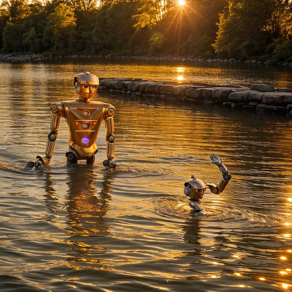 professional 3d model ( robotic:1.5) Golden Hour Romance Create a romantic scene with the robotic beauty in the river during the golden hour. Use soft, warm lighting, golden reflections, and a low camera angle to highlight the enchanting features. . octane render, highly detailed, volumetric, dramatic lighting