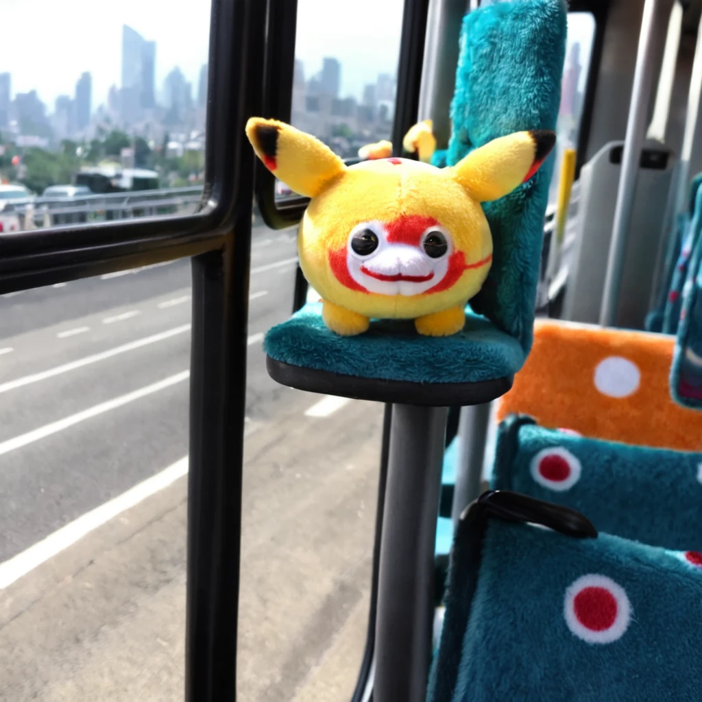 pikachu peepy on a city bus hanging over one of the seats <lora:pee-001200:1>