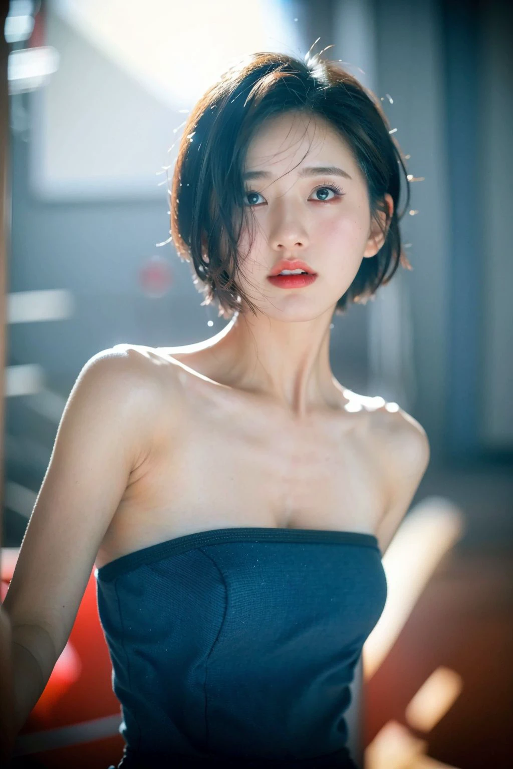 1girl,short hair,dress,upper body,realistic,sunlight,gloom,studio shooting,red and blue light,