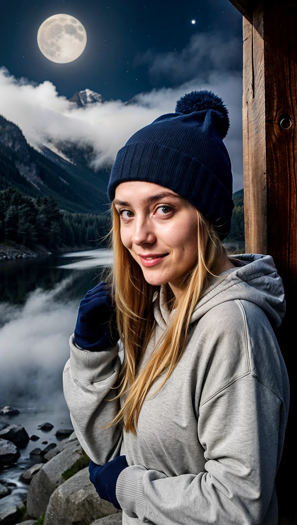 instagram photograph, photo of woman with blonde hair, selfie, upper body, solo, wearing pullover, outdoors, (night), mountains, real life nature, stars, moon, cheerful, happy, gloves, sweater, beanie, forest, rocks, river, wood, smoke, fog, looking at viewer, skin texture, close up, RAW photo, perfect glossy eyes