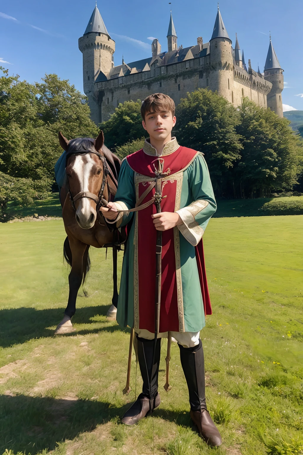 medieval castle in the background, JoeyMills is a medieval squire, wearing squire's surcoat, holding bridle of a horse, leading horse through a meadow, ((full body portrait)), wide angle <lora:JoeyMills:0.8>